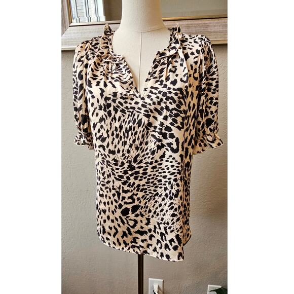 HAVER London Leopard Print Ruffle Satin‎ Pullover Blouse Women Size SP Tan Black - Picture 1 of 4